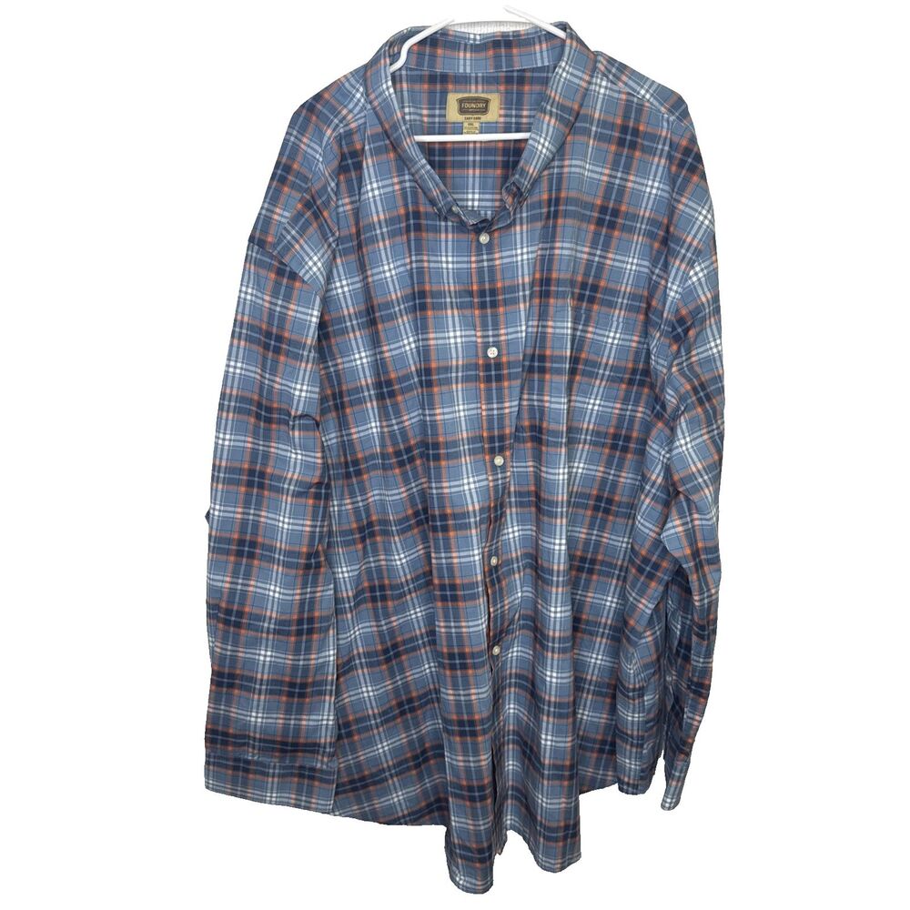 The Foundry Supply Co Mens 6XL Blue White Plaid Easy Care Button Down Shirt Big